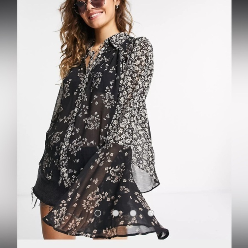 Free People Serena printed blouse in black multi small NWOT